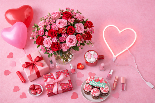 Pink tabletop styled for Galentine’s Day with red and pink floral arrangement, wrapped gifts, and heart-shaped balloons creating a festive, friendship-themed scene.